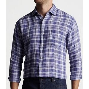 Peter Millar Crown 100% Linen Mens XL Long Sleeve Button Blue Plaid Shirt NWT